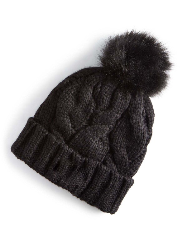 Women's Faux-Fur-Pom Cable-Knit Beanie