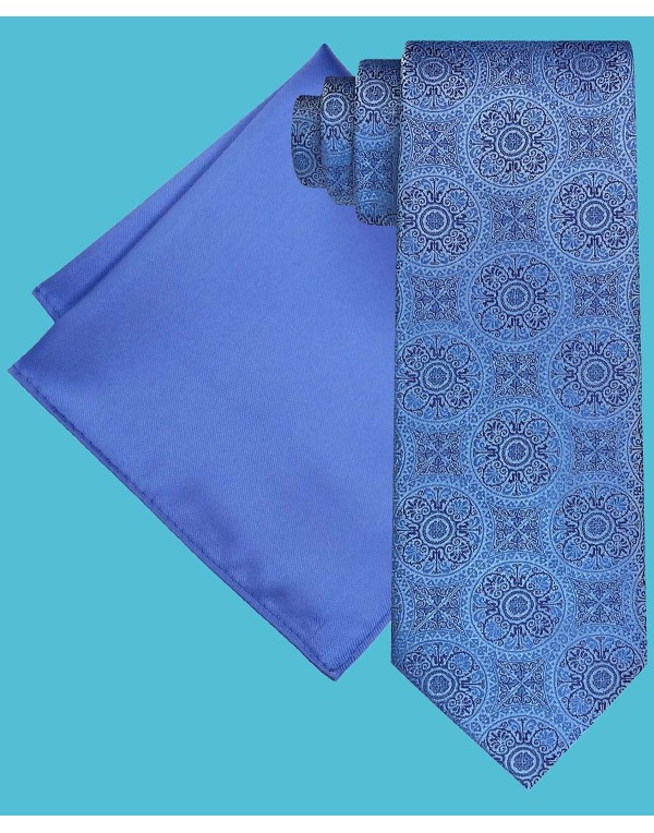 Men's Extra Long Ornate Medallion Tie & Solid Pocket Square Set